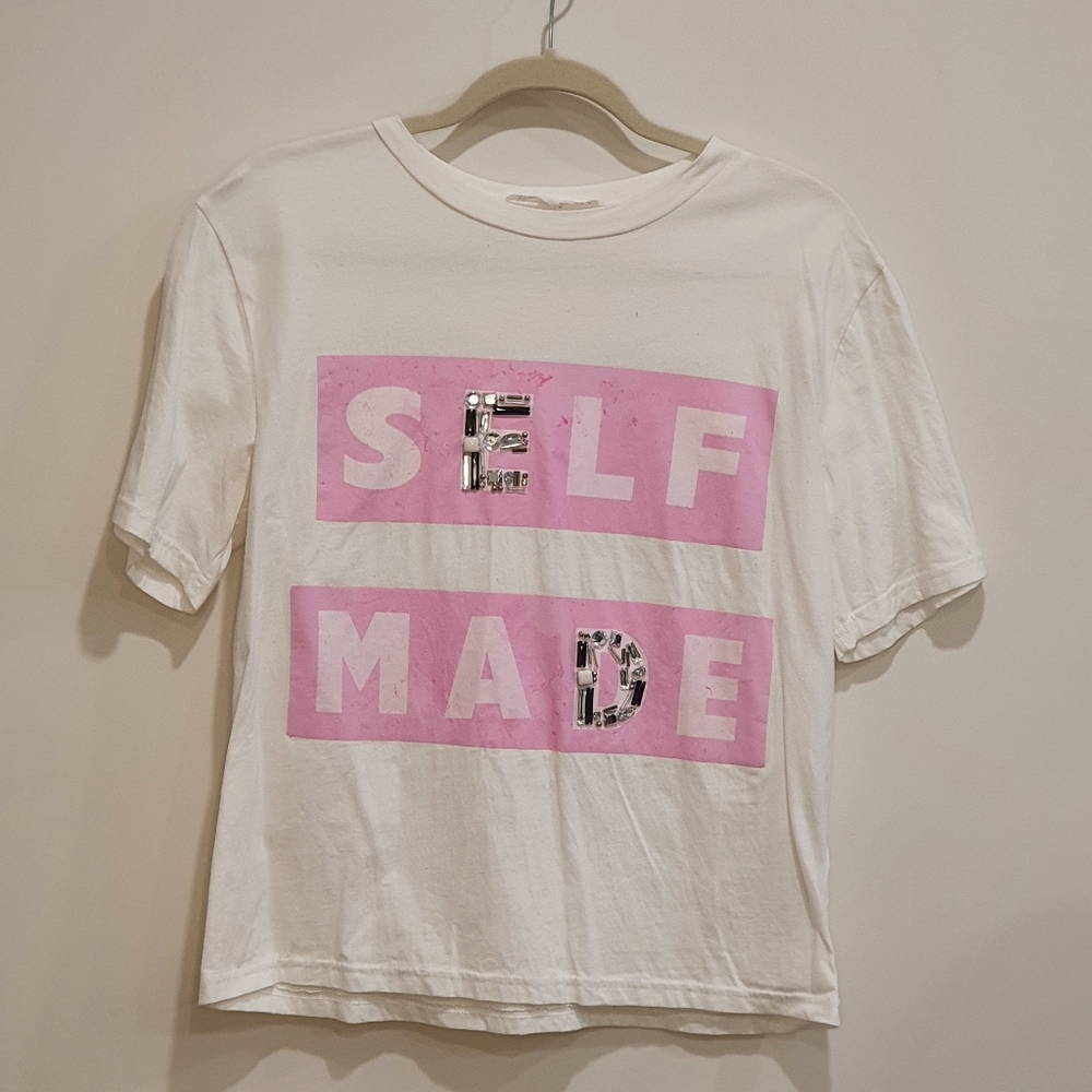 Endless Rose "Self Made" beaded detail short sleeve tee, white pink, size small